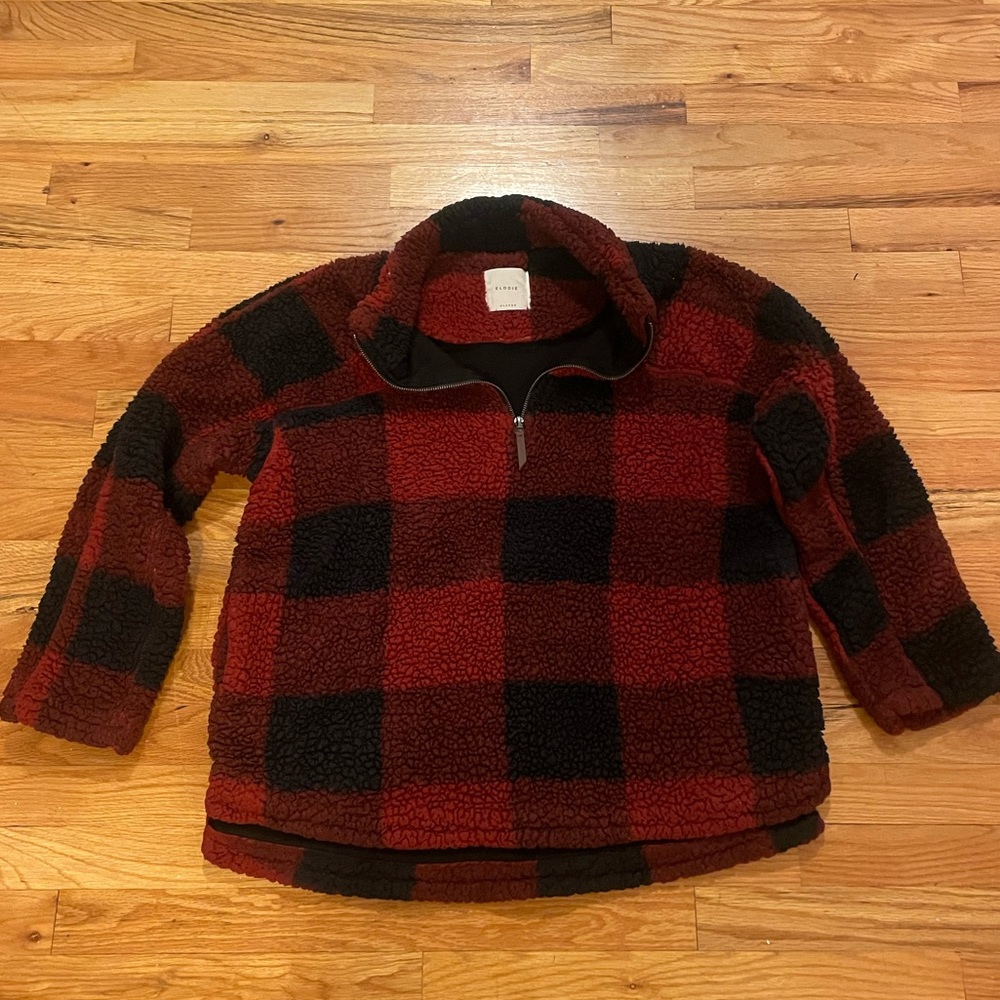 Red and black plaid quarter zip fleece